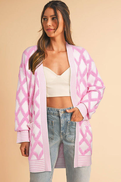 Cardigan con tasca frontale aperta in maglia con motivo a rombo rosa