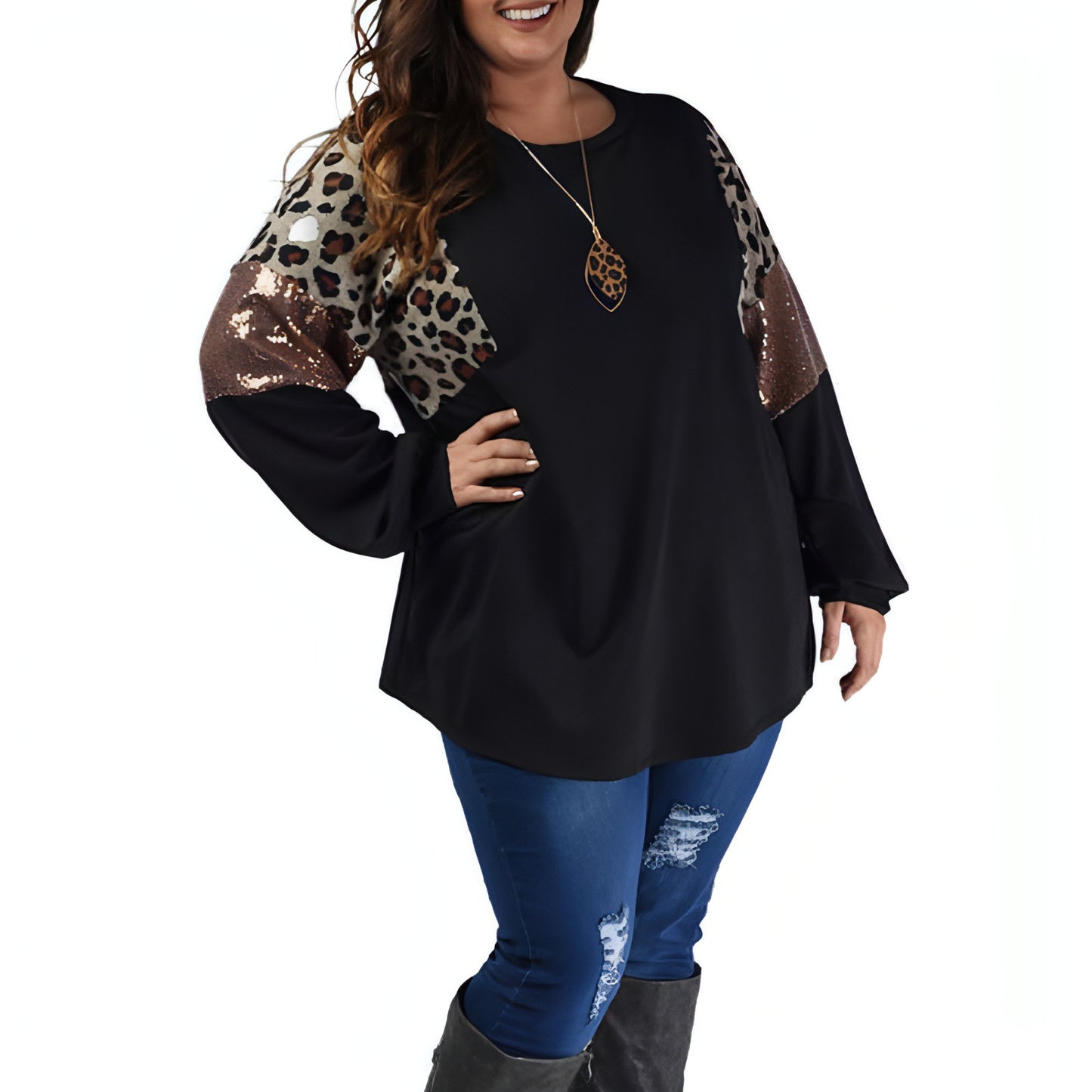 Loose Slim Fit Leopard Print Long Sleeve Women T-Shirt