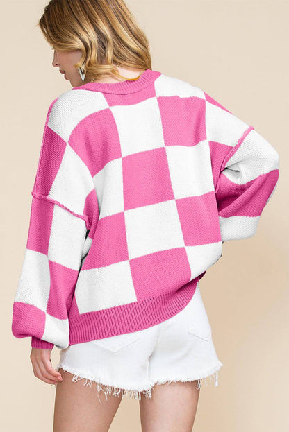 Rose Checkered Bishop Sleeve Sweater