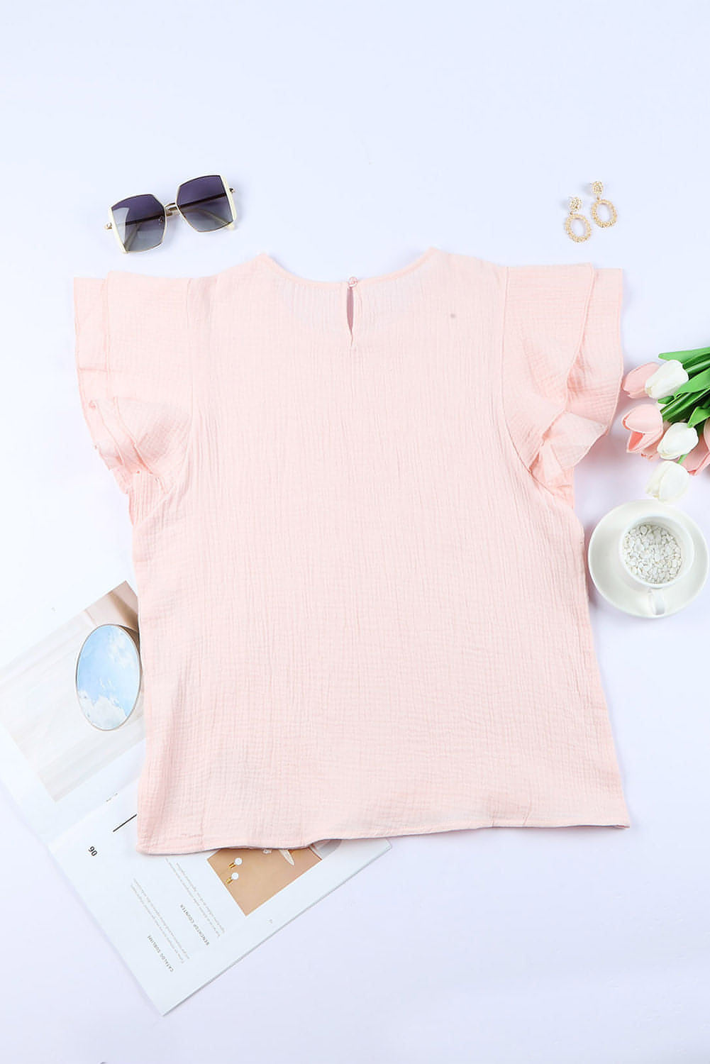 Blusa de manga curta com punhado em camadas texturizado rosa