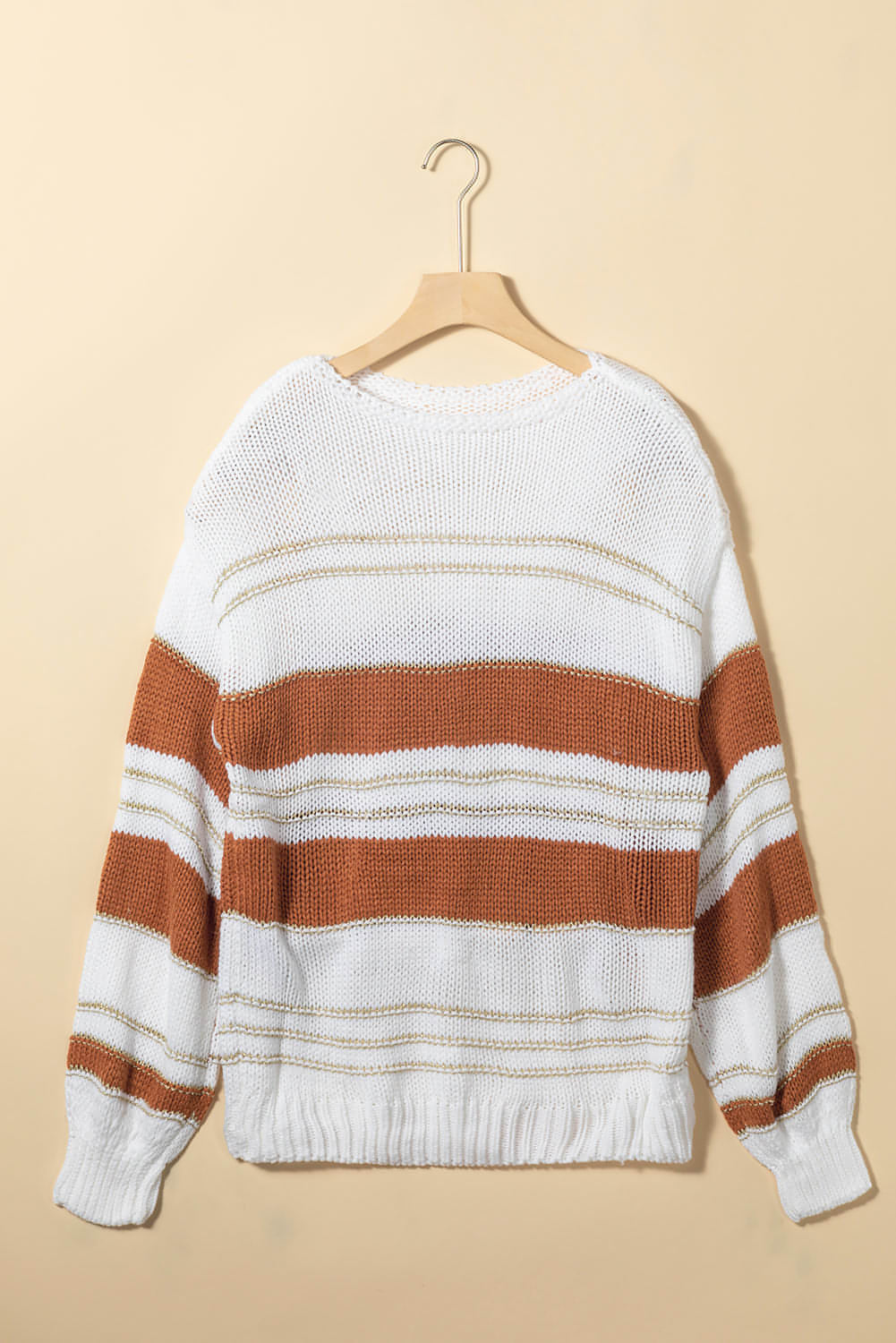 White Striped Plet Puff Sleeve Casual Pulover