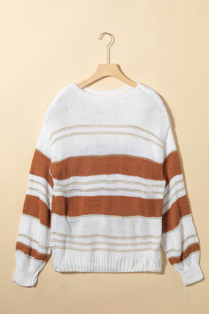 White Striped Plet Puff Sleeve Casual Pulover