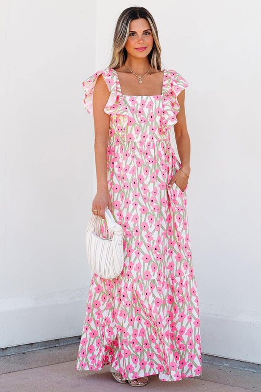 Vestido maxi maxi de pescoço quadrado com estampa floral rosa com estampa floral