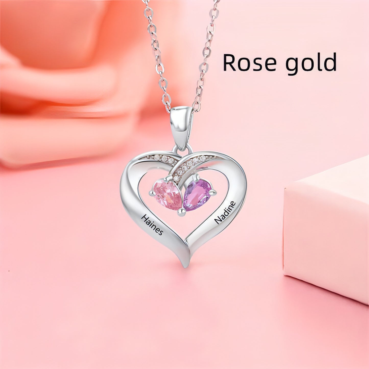 Personalized Heart-Shaped Gemstone Necklace – Custom Couple Pendant