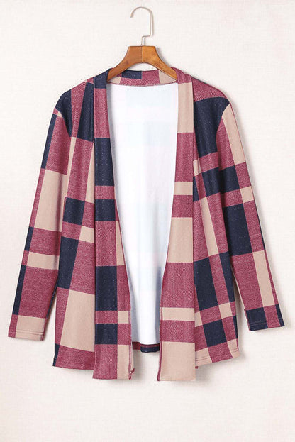 Draped Open Front Plaid Cardigan