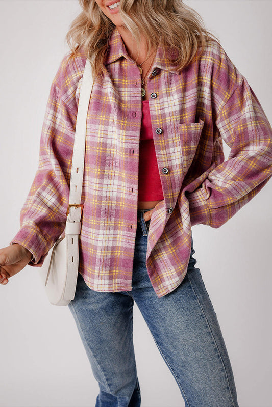 Rosa Plaid Druckkastentasche Langarm Shacket