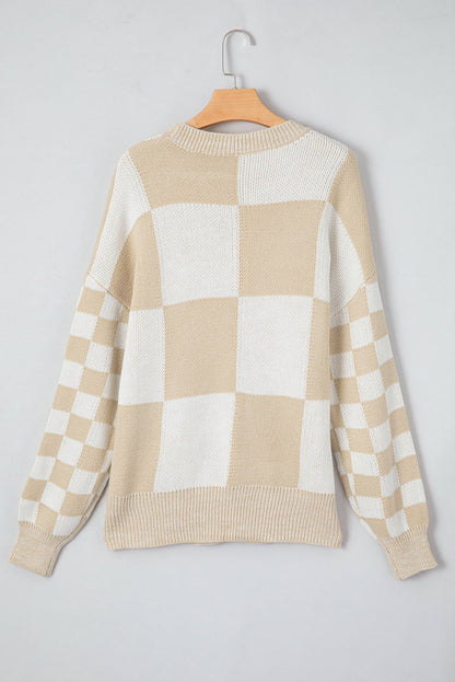 Flaxen Checkered Print Drop Shoulder Sweater