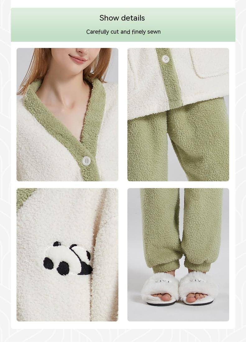 Couple Pajamas Women Winter Coral Fleece Thickened Casual Clothes Half Velvet Cartoon Panda Couple Pajamas Suit