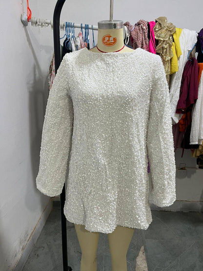 Vestido corto de spandex con lentejuelas, suelto, de manga larga y cuello redondo para mujer