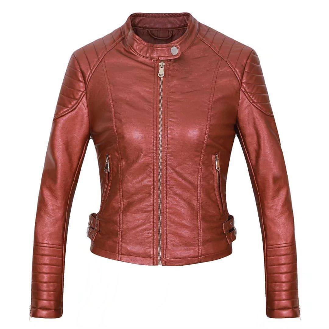 Standing Collar Motorcycle Pu Slim Leather Jacket Women Short