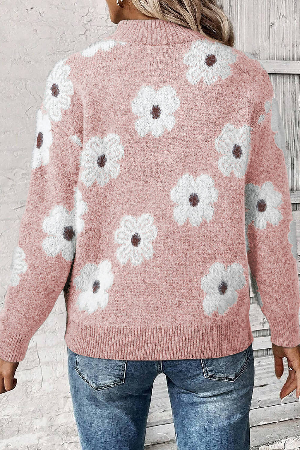 Pull rose à demi-zip et épaules tombantes à motif floral