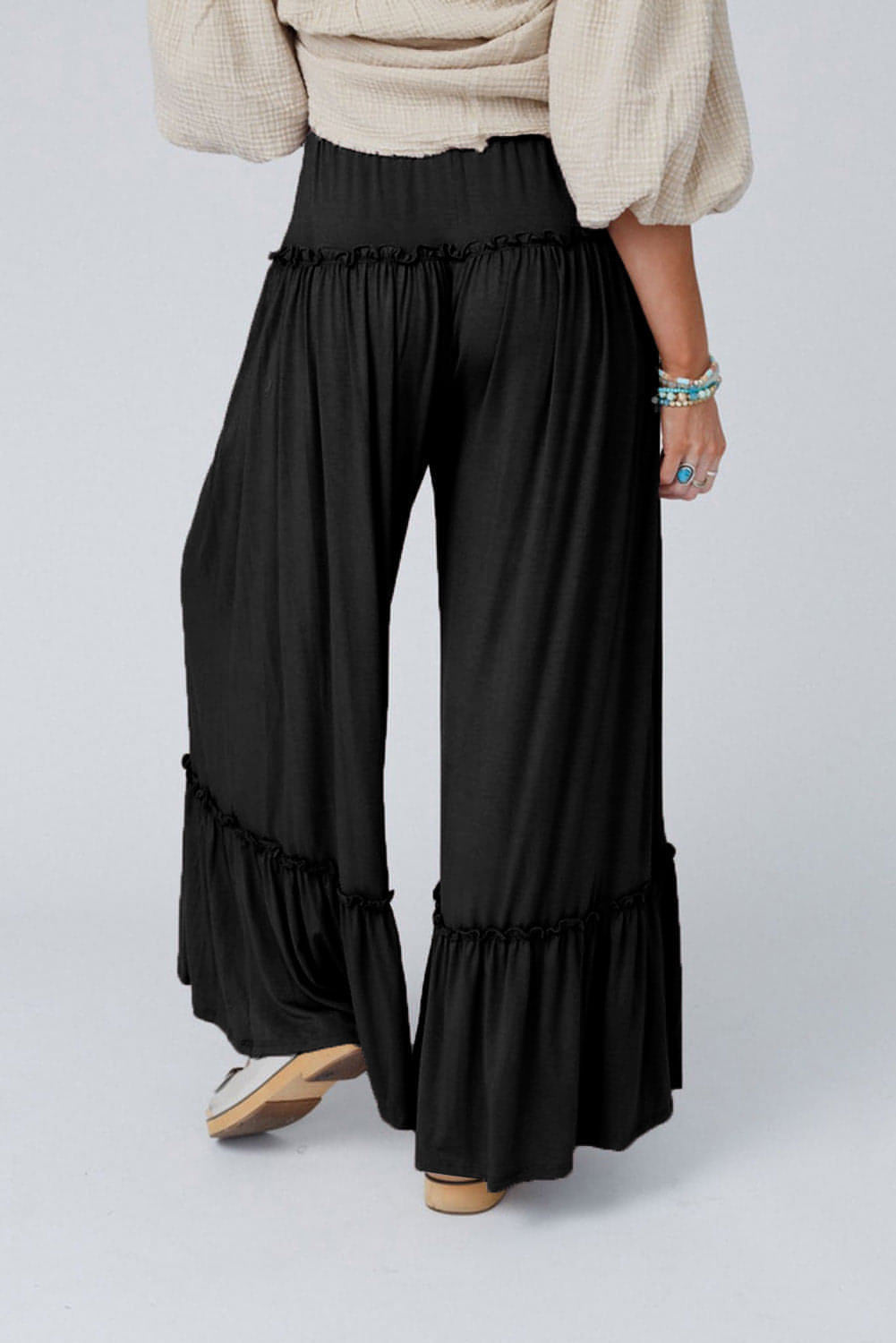 Black Frilled Drawstring High Waist Wide Leg Pants