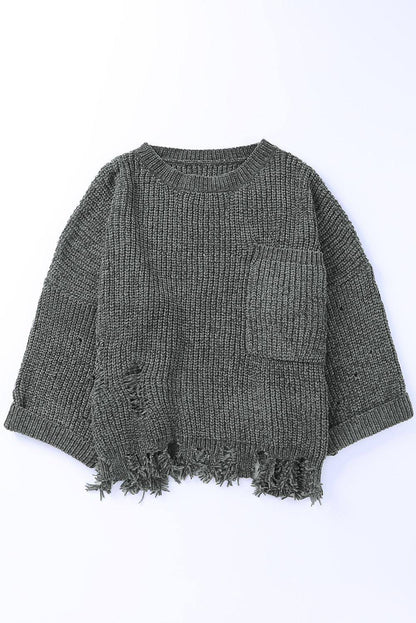 Pull épais gris déchiré à ourlet brut