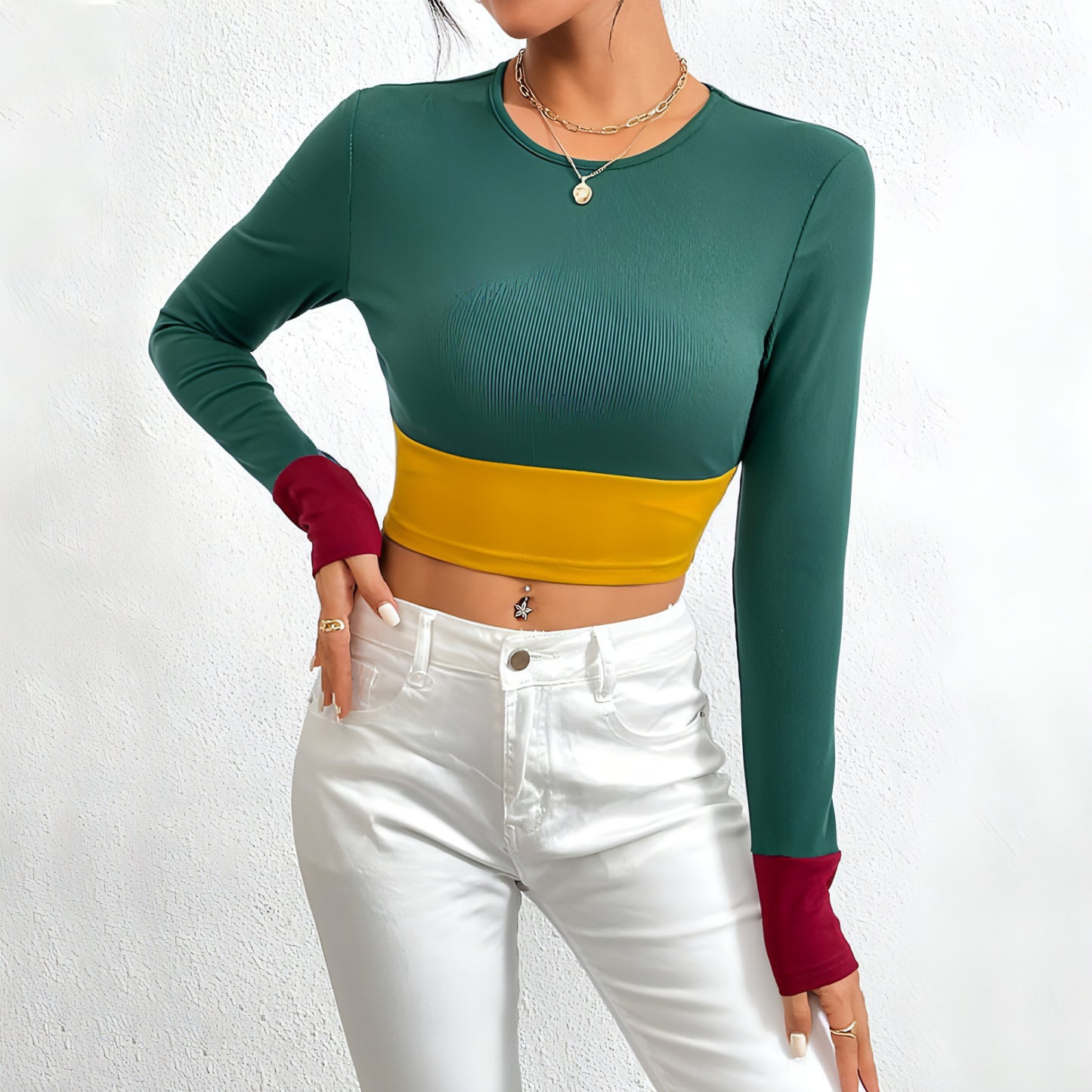 Slim Fit O-neck Short Stitching Long Sleeve T-shirt Women