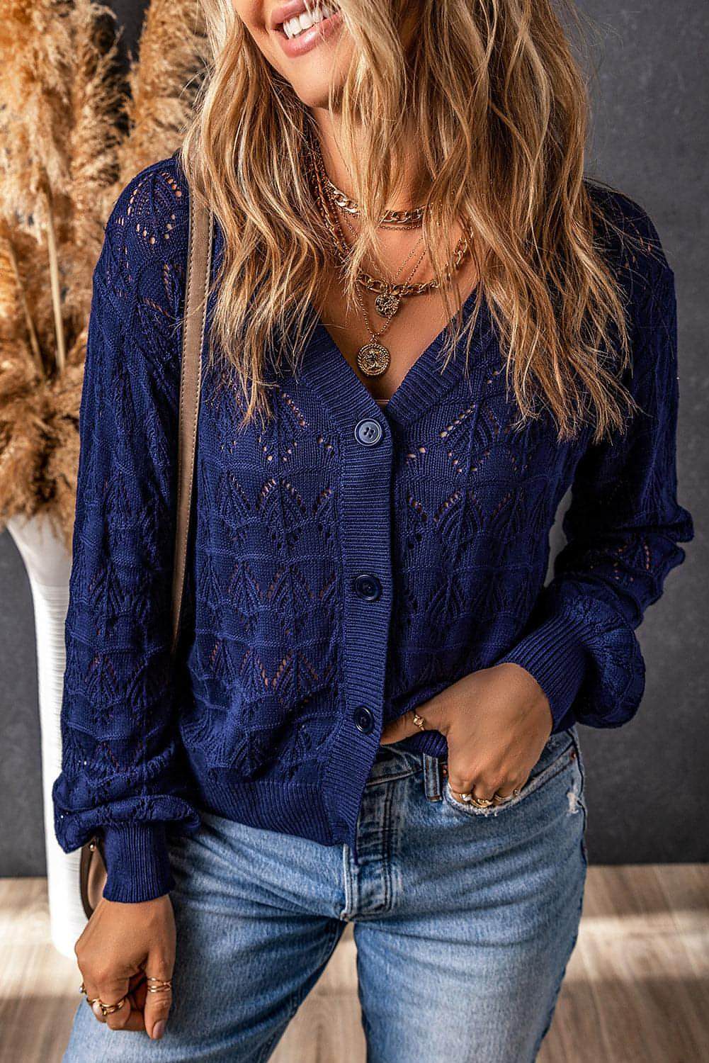 Blue Lightweight Buttoned Front Crochet Cardigan