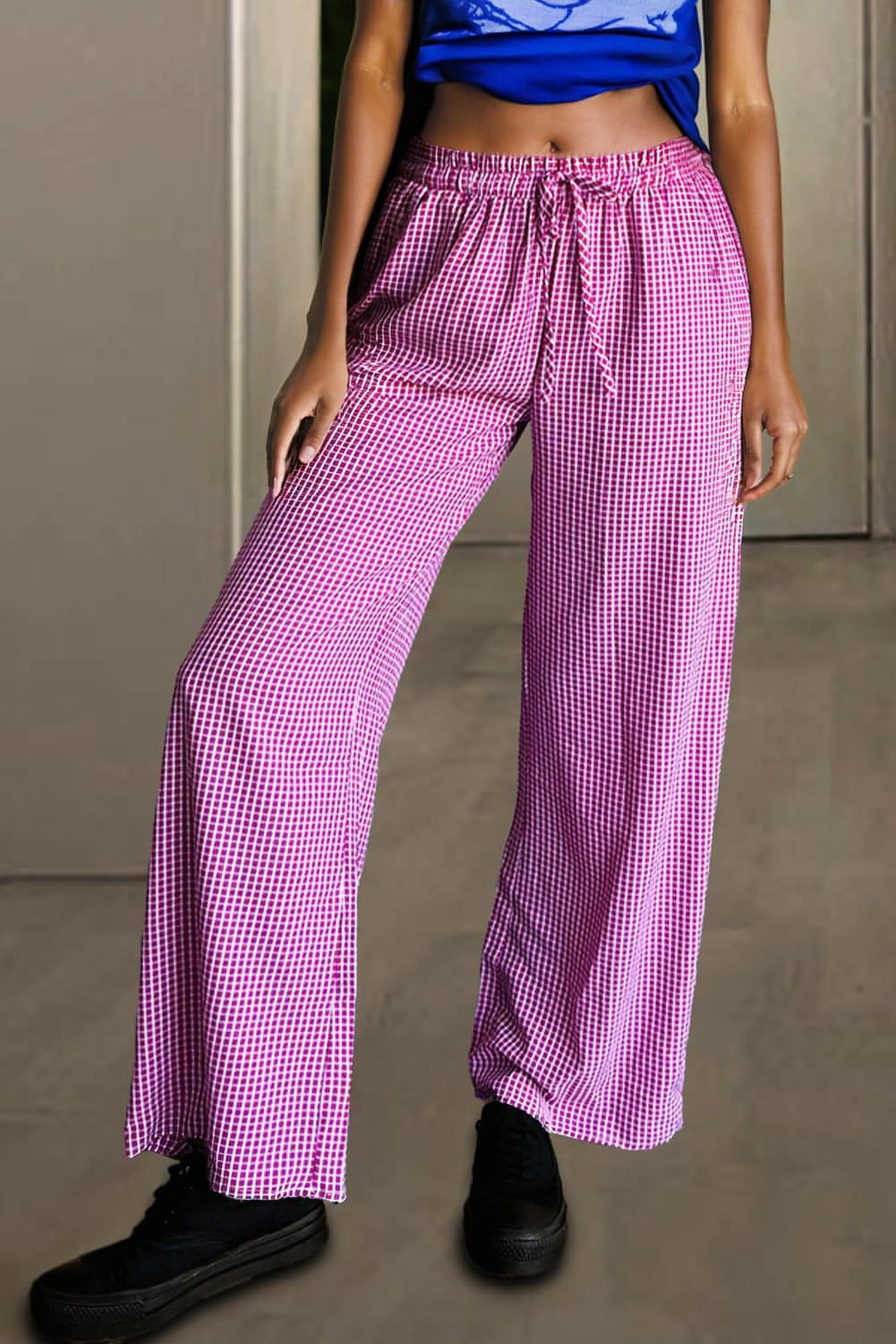 Pink Plaid Print Drawess High Taille Wide Bein Casual Hosen