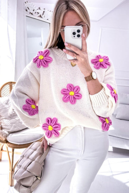 Hvit floral Heklet Chunky Knit Genser