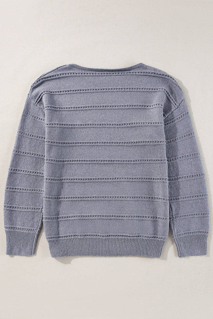 Light Grey Boat Neck Drop Shoulder Pointelle Knit Sweater