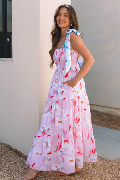 Rosa Floral Print Knotted Shoulder Smocked Maxi Dress