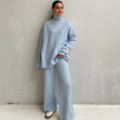 Casual Knitted Two-piece Turtleneck And Wide Leg Pants Women Loose Pullover Sweater