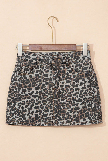 Kaki leopard denim minikjol