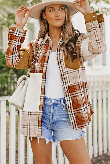 Orange Plaid Farbblock Patchwork -Hemdjacke mit Tasche