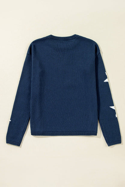 Sweter de malha de ombro do padrão de estacionamento azul de vela azul