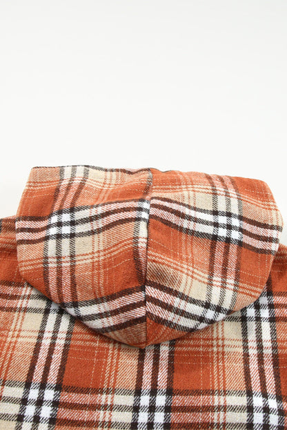 Orange Plaid Pattern Sherpa Lined Hooded Shacket