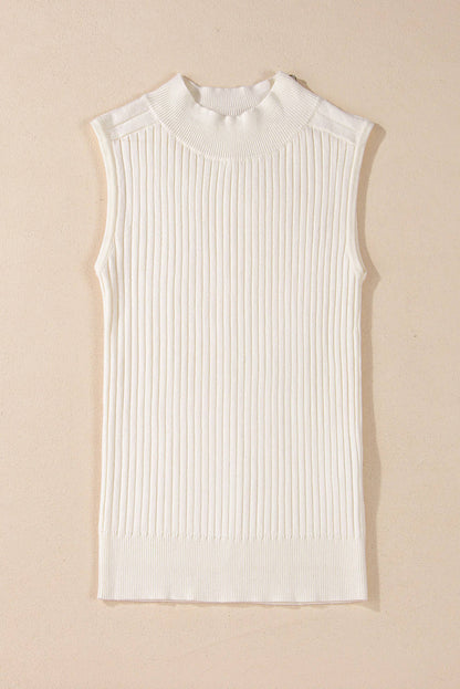 White Ribbed Knit High Neck Sweater Vest