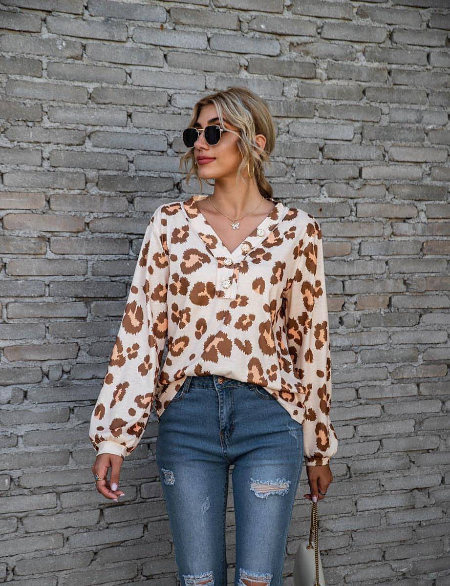 Leopard Print Printed V-neck Off-the-shoulder Long Sleeve T-shirt Women