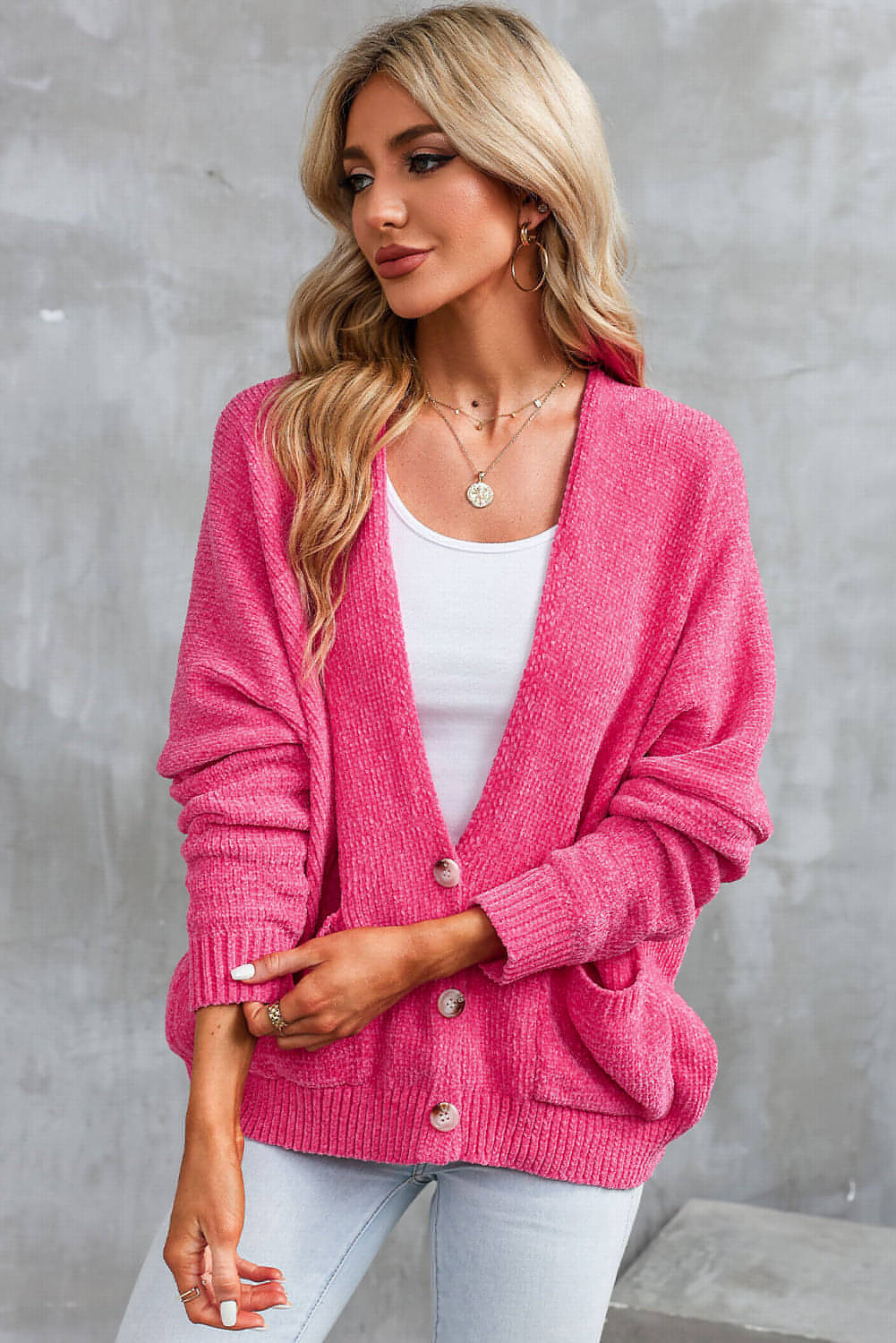 Rose Buttons Front Pocketed Sweater Cardigan