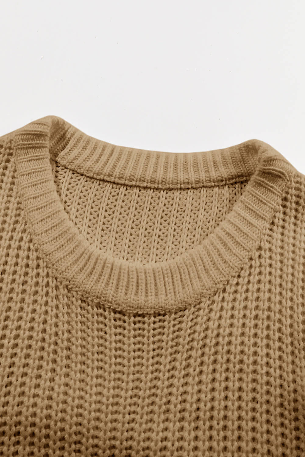 Khaki Ribbed Knit Round Neck Slouchy Chunky Sweater