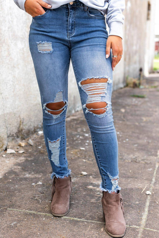 Hemelsblauwe skinny jeans met hoge taille