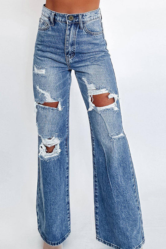 Blaue Ashleigh-Jeans in Distressed-Optik mit weitem Bein und hoher Taille und Acid-Waschung