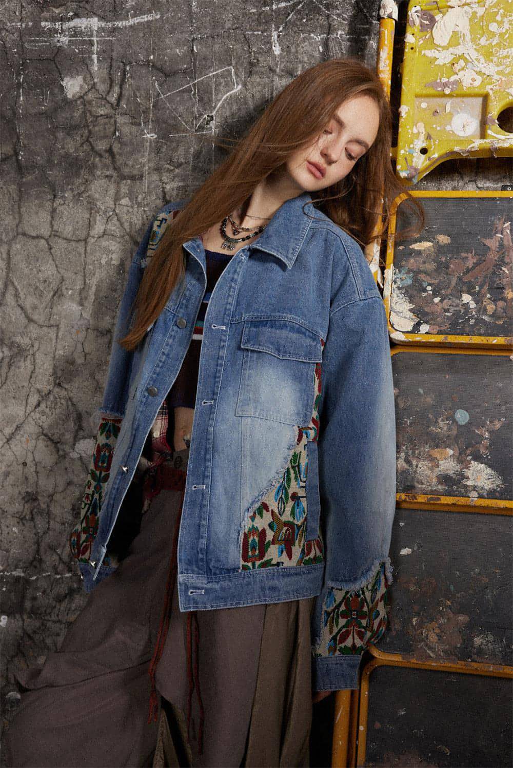 1. Stitching Embroidery Frayed Hem Denim Jacket Women