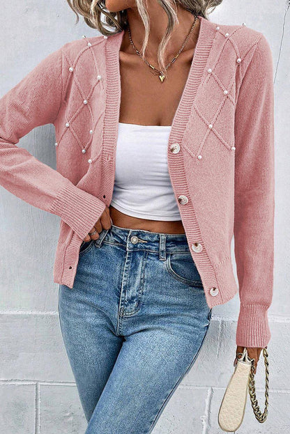 Sepia Rose Textured Knit Pearl Beaded Button Up Cardigan