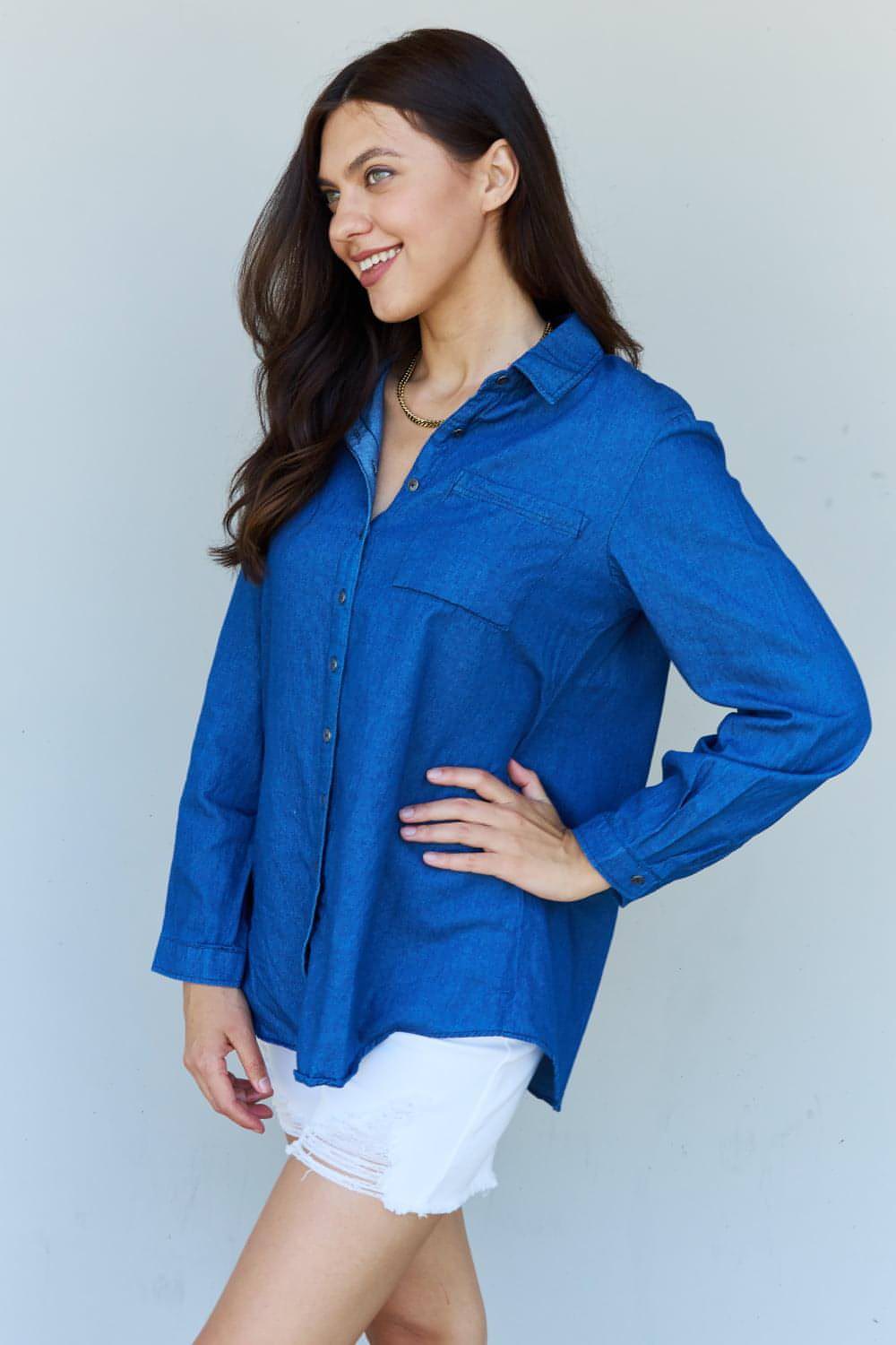 Doublju Blue Baby Denim Button Down Down Top Top в темно -синем