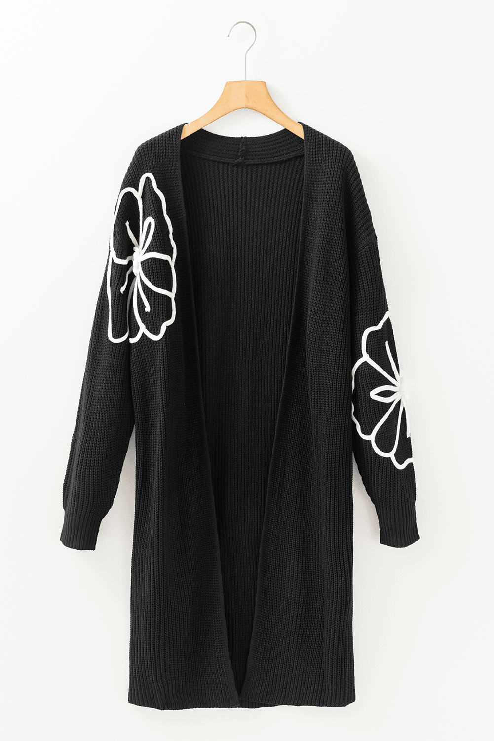 Schwarze Blume bestickte Drop Schulter offen vordere Staubwinge Cardigan