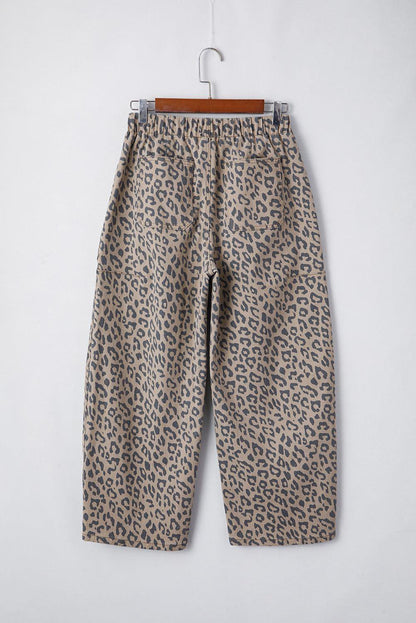 Khaki Leopard tryckt dragstring midja fick breda ben jeans