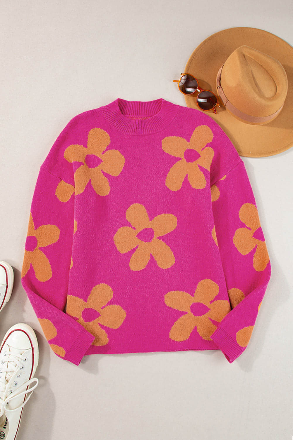 Rose Big Flower Pattern Mock Neck Manum Sleeve Sweater