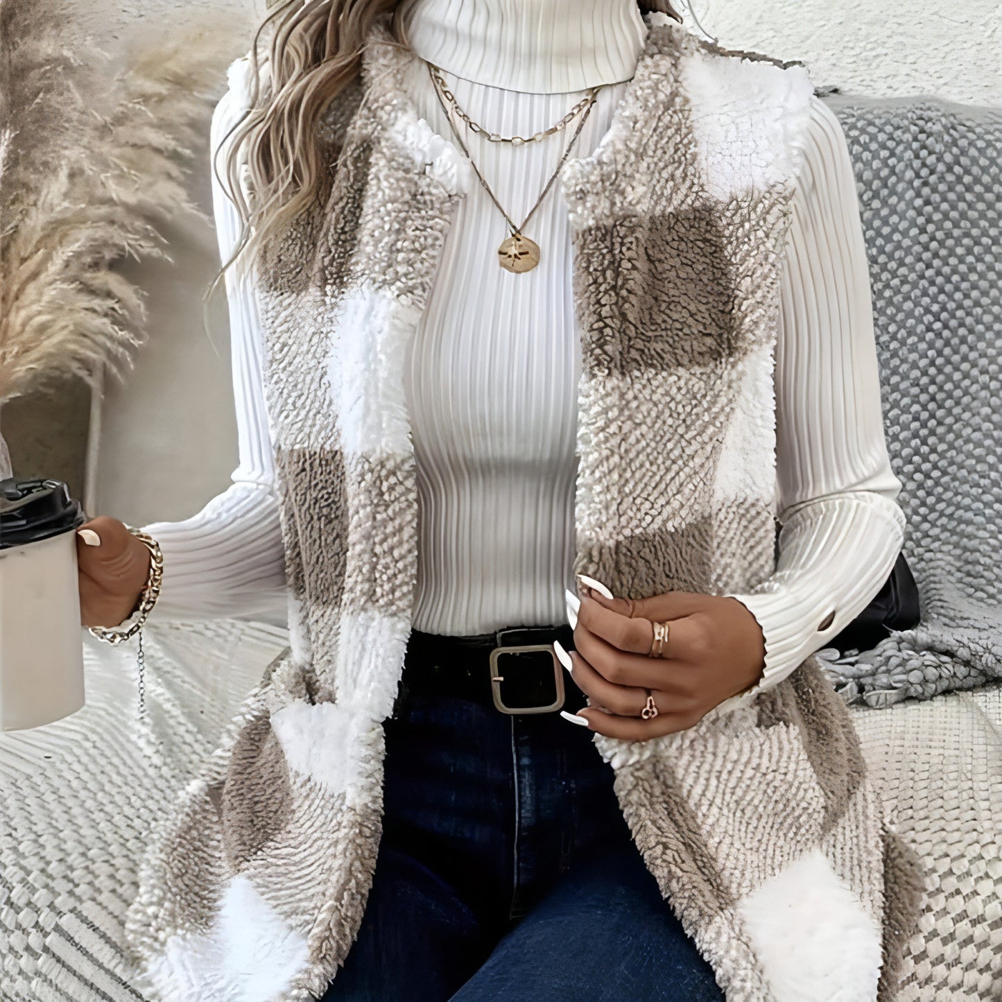 A.1 Coat Loose Plaid Color Stitching Knitted Cardigan Sweater Women