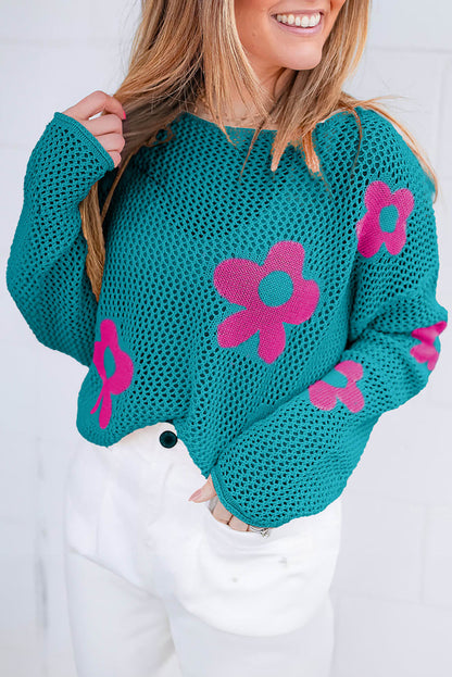 Sea Green Big Flower Hollowed Knit Drop Shoulder tröja