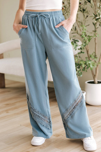 Dusk Blue Lace Crochet Patched Lace-up High Waist Wide Leg Pants