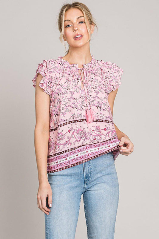 Blusa con detalle de volantes en las mangas y estampado de Cotton Bleu by Nu Lab