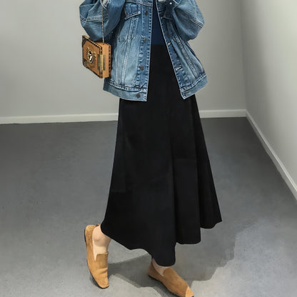 High Waist Sheepskin Suede Commute Minimalist Overknee Long Skirt