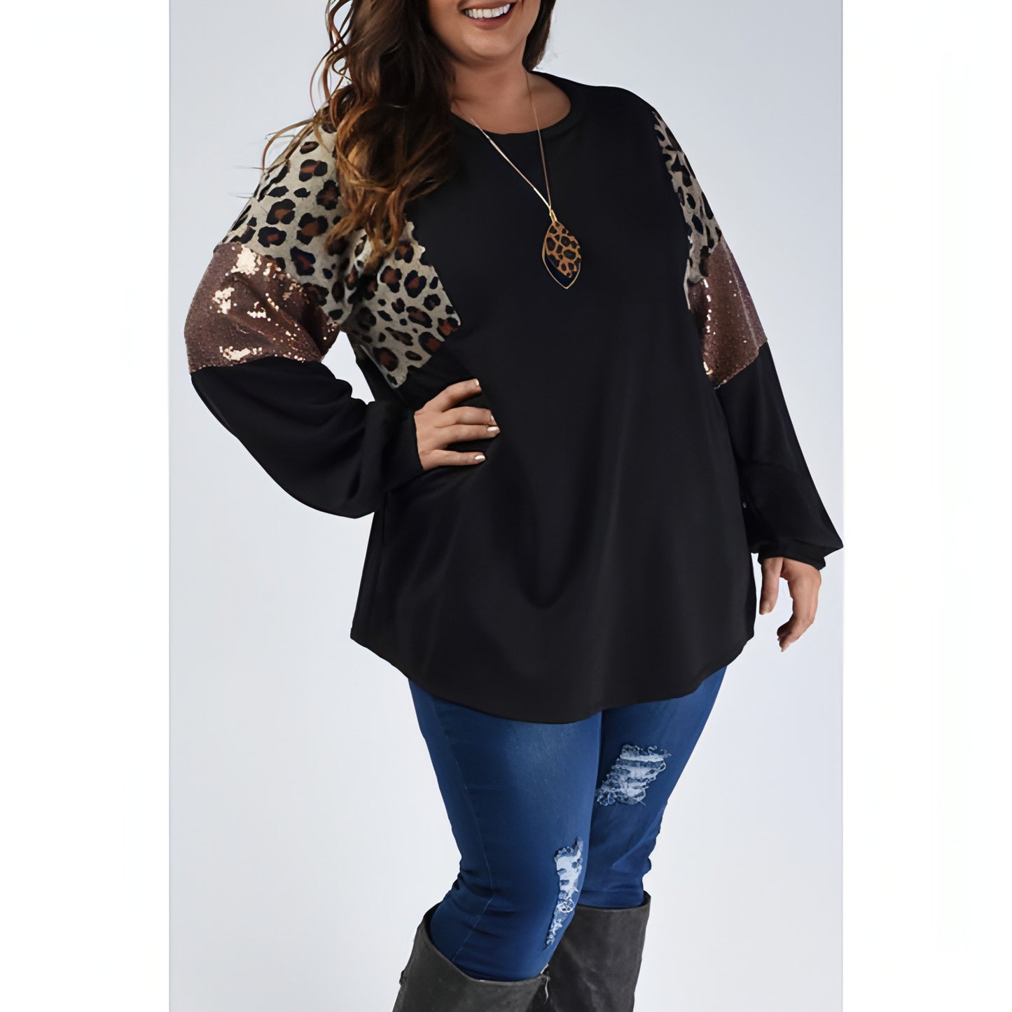 Loose Slim Fit Leopard Print Long Sleeve Women T-Shirt