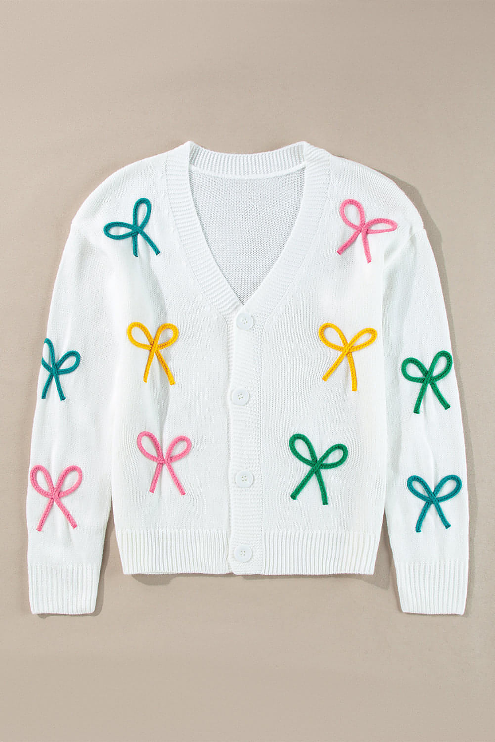 Hvit bowknot drop-skulder strikket cardigan med knapp