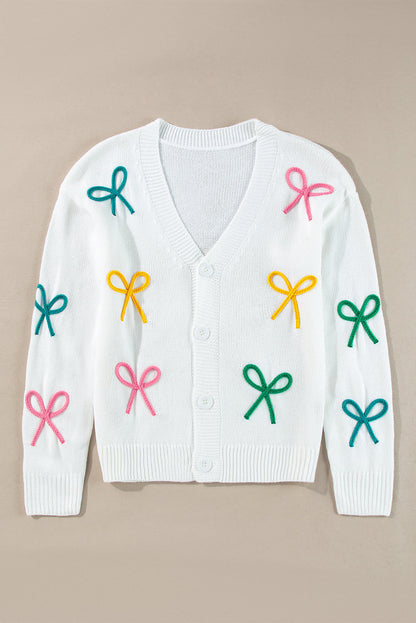 White Bowknot Drop Shoulder Knitted Button up Cardigan