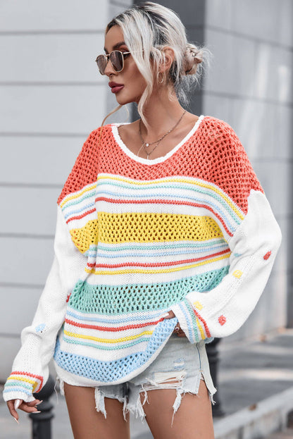 Maglione con maniche a contrasto in maglia a righe cave multicolor