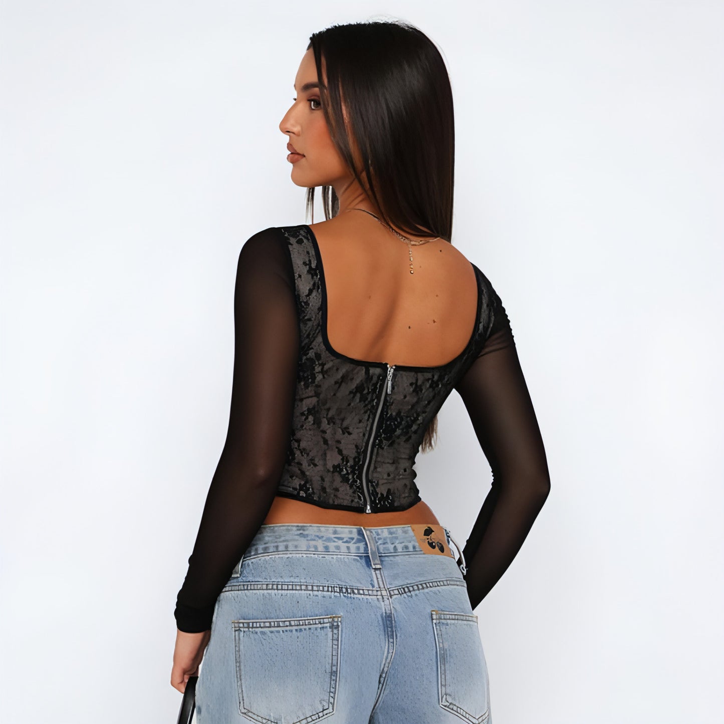 A1. Lace Stitching Girdle Printed Long-sleeved T-Shirt Women